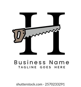 Letter H handsaw logo. Alphabet H woodwork and carpentry icon