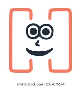 Letter h happy eccentric smiling character, smiley face vector clip art