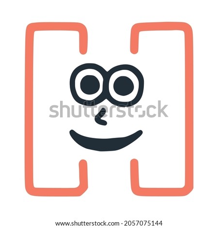 Letter h happy eccentric smiling character, smiley face vector clip art