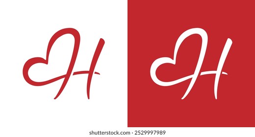 Letter H heart logo, Hand drawn vector calligraphy love letter H, Letter H with red heart logo design, Initial H beauty or fashion logo design