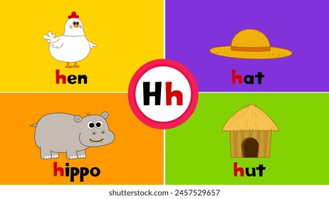 Letter H h, hen, hippo, hat, hut, Flashcard, Alphabet, Kids, Learning, Teaching, Vocabulary
