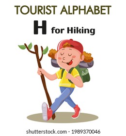 letter H for hiking. Colorful boy character with a backpack, a rug and a branch for tourist kids alphabet. Colorful flat illustration for web, booklet, childrens book, flyer, poster. Isolated on white