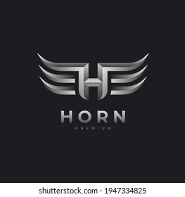 Letter H Horn Logo, Silver Horn with letter H combination, flat design logo template,vector illustration