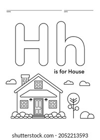 Letter H is for House Alphabet Learning Worksheet Coloring Book Page