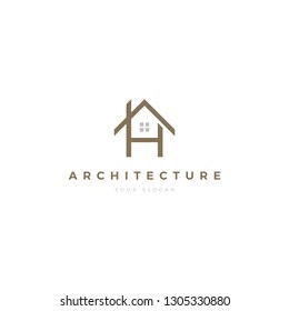 Letter H house professional golden architecture logo, architecture logo concept with simple line, real estate logo in a house, home shape icon design template element