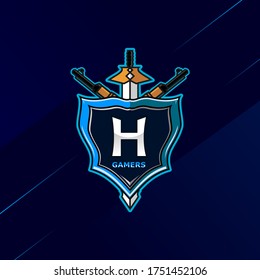 Letra H - logotipo inicial E-Sport con decoración de espada, escudo y arma. Perfecto para la marca de los jugadores, el equipo, etc.