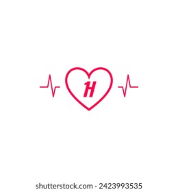 Letra H logotipo inicial en un icono cardíaco con onda de pulso