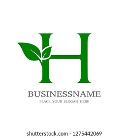 Letter H Initial natural vector logo template. Design with leaf and green color.