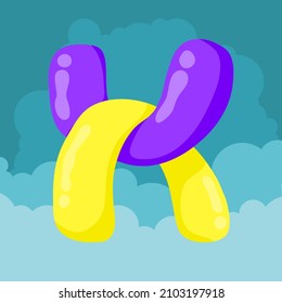 letter H initials Purple and yellow balloons are interlaced to form letters floating isolated on sky and clouds background, vector logo letter typography illustration.