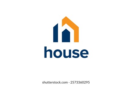 Letter h inside blue house logo with orange roof. Vector design tempalte for construction company or real estates.