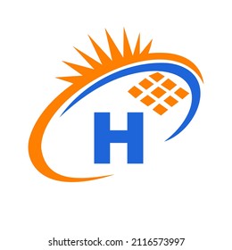 Letter H Inside Solar Cell or Solar Panel Energy Logo Design. Letter H Logo with Solar Elements, Sun, Solar Panels Sign