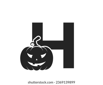 Letra H con Jack O Lantern. símbolo del logotipo del alfabeto de Halloween y otoño. cara de calabaza aislada Imagen de Vector