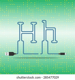 Letter H laid cable. USB blue cable, vector illustration. Background microchip
