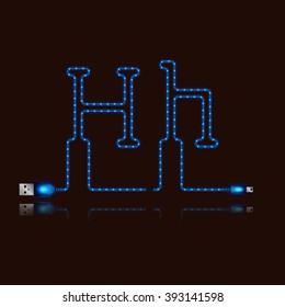 Letter H laid neon light cable. USB blue cable, vector illustration.