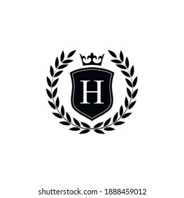  Letter H laurel wreath template logo Luxury shield letter with crown. Monogram alphabet . Beautiful royal initials letter.