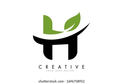 Letter H with Leaf and Creative Swoosh Logo Design. Eco Letter Vector Illustration.
