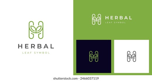 Letra H hoja logo icono diseño línea estilo, hoja y h letra concepto gráfico para el logotipo de hierbas, logotipo de la agricultura, Plantilla del logotipo de la naturaleza de la belleza