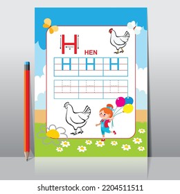 Letter H Learning Kids alphabet activity. Worksheet for learning alphabet. Handwriting practice sheet. Basic writing.