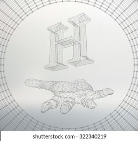 the letter H, of lines and dots on the arm. The hand holding letter of the lines connected to points. Molecular lattice. The structural grid of polygons