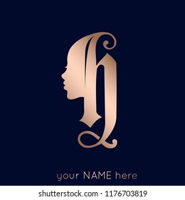 Letter H logo with beautiful woman portrait.Typographic icon with face silhouette and decorative lettering.Elegant rose gold illustration suitable for style, beauty, spa and cosmetics business.