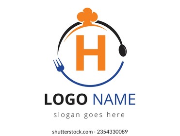 Letter H Logo With Chef Hat, Spoon And Fork For Restaurant Logo. Modern vector logo for café, restaurant, cooking business, and company identity