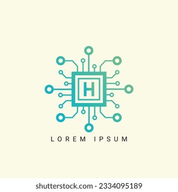 Letter H logo, Circle shape symbol, green and blue color, Technology and digital abstract dot connection