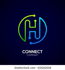 Letter H Logo, Circle Shape Symbol, Green And Blue Color, Technology And Digital Abstract Dot Connection