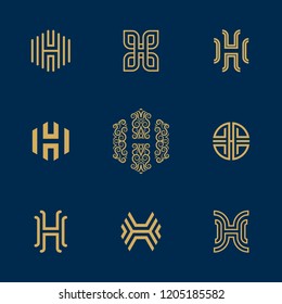 Letter H Logo collection. Vector deluxe, ornated, floral, tech, minimalist H monogram.