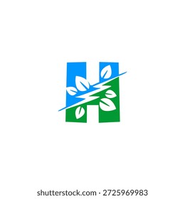 Buchstabe H-Logo, das einen Blitzschlag und ein grünes Blatt kombiniert. Vektordesign für erneuerbare Energien, umweltfreundlichen Strom und nachhaltige Technologie-Startups.