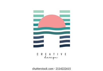 Letter H logo design with colorful straight and zig zag lines. Vector illustration with sea and sunset color lines and half circle.