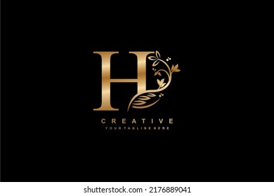 letter H logo design with flowers, leaves and golden feathers in a beautiful and elegant style. monogram H. typography H. initial H logo. suitable for, business, wedding, boutique, company, hotel, etc