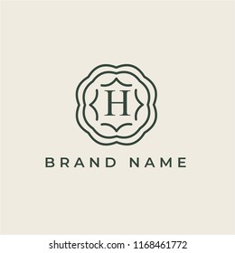 letter H logo design template. Alphabet label sign. Linear lettering calligraphy emblem with ornamental frame. Luxury linear creative monogram. vector illustration
