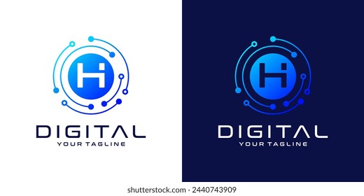 Plantilla de diseño del logotipo de la letra H, tecnología de conexión de punto abstracto, tecnología digital, de datos y de circuito circular