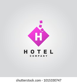 Letter H Logo. H Letter Design Vector Template with Purple Break Square.
