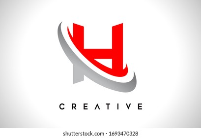 Letter H Logo. H Letter Design Vector with Red Gray Swash VectorIllustration. 