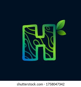 Letter H logo with eco waves pattern. Perfect vector green icon for landscape design, natural print and cartography labels, etc.