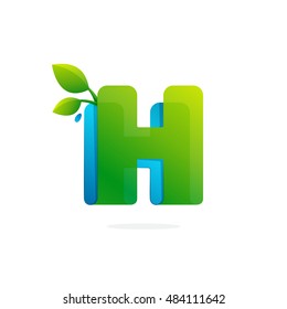 Letter H logo formed by ribbon with leaves and drops. Font style, vector elements for posters, t-shirts and cards.