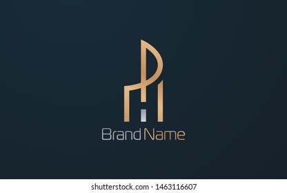 Letter H logo forms building with simple line  in gold color