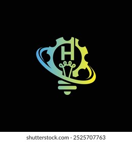 Letter H logo with gear and innovative circle, H tech logo design vector