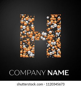 Letter H logo gold-silver dots. Alphabet logotype with abstract golden-silver bubbles shape on black background. Vector template for your design