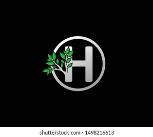  Letter H Logo Icon With Branch and Green Leaves, eco green concept.