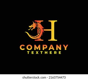 letter H logo icon with dragon design vector-fire color black background