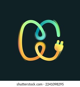 Letter H logo made of curved vivid gradient line with plug icon and rainbow shine. Overlapping multicolor emblem. Ideal for colorful electric app, eco-friendly charge design, technology advertising.