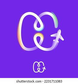 Letter H logo made of one gradient line with plane icon and rainbow shine. Overlapping multicolor emblem. Ideal for colorful travel app, delivery design, aviation advertising, flight identity.