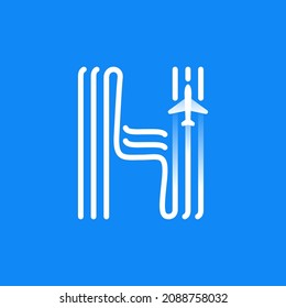 El logotipo de la letra H está hecho de tres líneas paralelas con un icono de plano. Emblema vectorial para una aplicación de viajes, identidad de la compañía de aviones a reacción y publicidad de envío.