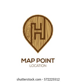 Letter H Logo Map Point Location with wooden texture,Pin maps symbol
