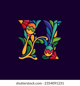 Letter H logo with Mexican colorful and ornate ethnic pattern. Traditional Aztec leaves and flowers embroidery ornament. Vector design template for folk Spanish food, holidays, carnival, and party.