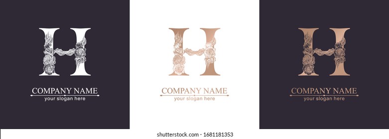 Letter H logo or monogram. For your business. Vector sign. Floral style, beautiful roses. Personal logo.
