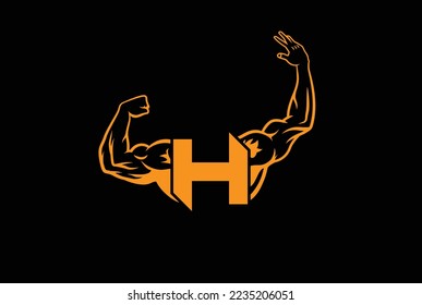 Letter H Logo With muscular open  Back Double Biceps shape. Fitness Gym logo.