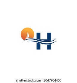 Letter H logo with ocean landscape icon template vector